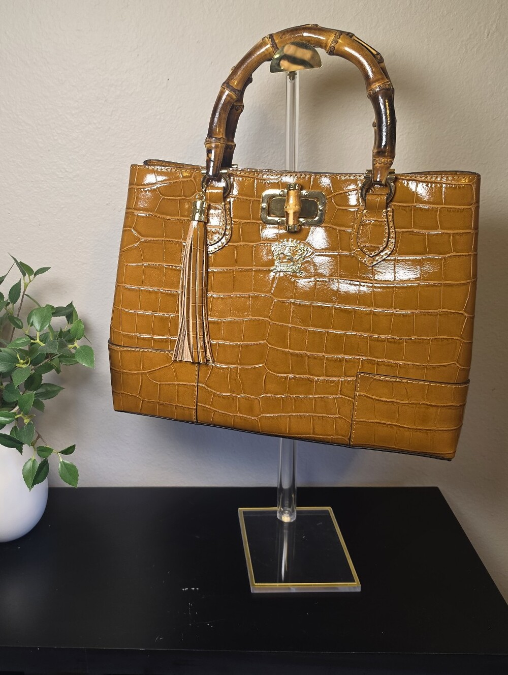 Bellissimo Pratesi Firenze Italian Leather Croc Embossed Bamboo Handle Tote Bag